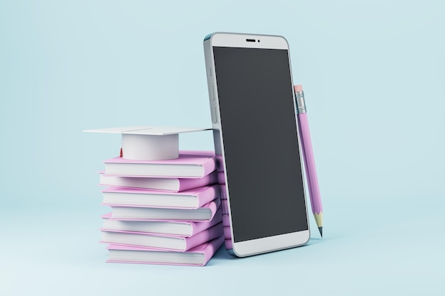 Teléfono celular negro vacío con pila de libros y gorra de graduación sobre fondo claro Concepto de educación y capacitación en línea Mock up 3D Rendering