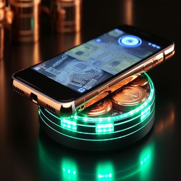 un teléfono celular que tiene un montón de monedas en él