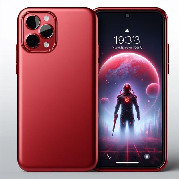 un teléfono celular rojo con la hora de 11:05 en la pantalla