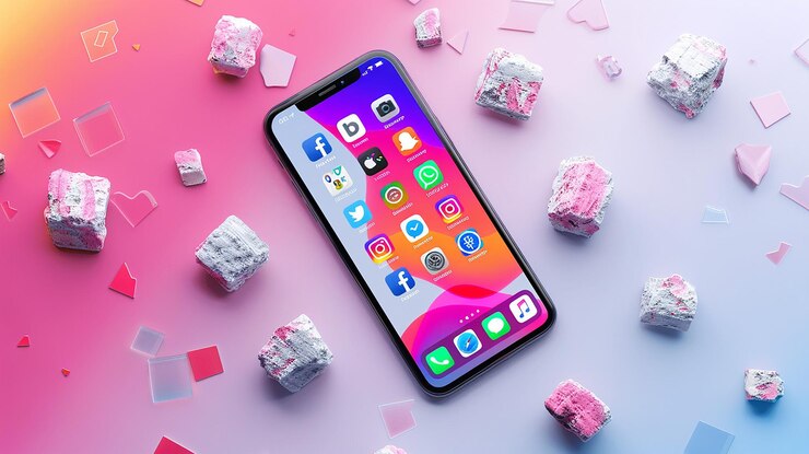 Foto un teléfono celular rosa con muchos cuadrados de diferentes colores en él