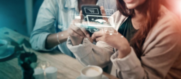 Teléfono del cliente o holograma de compras en línea en el sitio web de comercio electrónico de la aplicación o comercio electrónico futurista 3d abstracto o superpuesto en tecnología móvil para vincular a amigas o cafeteros en tiendas minoristas