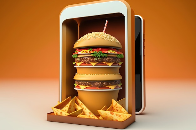 Teléfono con comida de entrega de aplicaciones en pantalla Ilustración generativa de IA