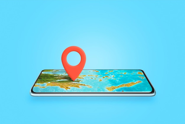 Teléfono como concepto de mapa Pin de mapa anclado a la pantalla del teléfono donde se encuentra el mapa El concepto de viaje de verano y búsqueda de un destino de vacaciones