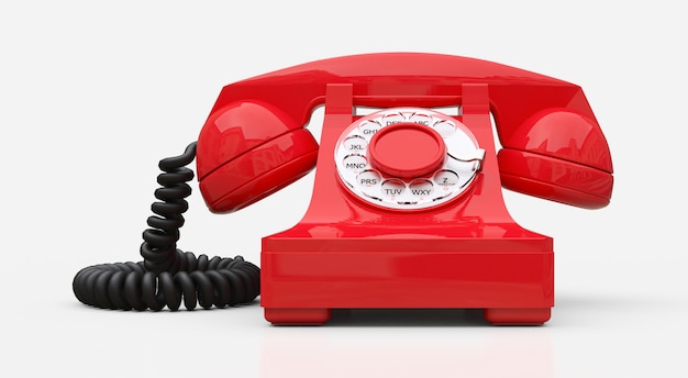 Teléfono de dial rojo viejo en un fondo blanco. Ilustración 3d