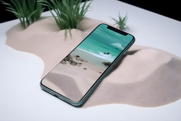 Un teléfono con una escena de playa en la pantalla.