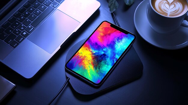 un teléfono está conectado a una computadora portátil y tiene una pantalla colorida