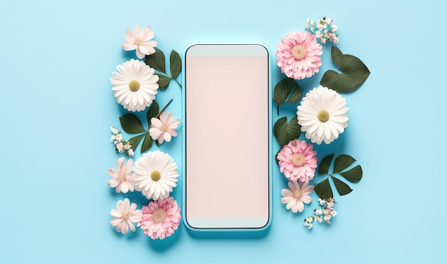 Un teléfono con flores sobre un fondo azul.