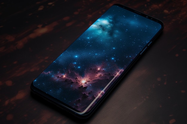 Un teléfono galaxy con fondo azul y una nebulosa en la pantalla.