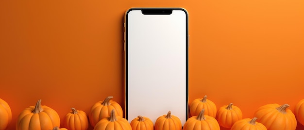 Foto teléfono grande simula una pantalla en blanco sobre fondo de calabazas de halloween feliz