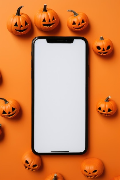 Teléfono grande simula una pantalla en blanco sobre fondo de calabazas de halloween feliz