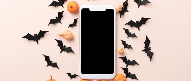 Foto teléfono grande simula una pantalla en blanco sobre fondo de calabazas de halloween feliz