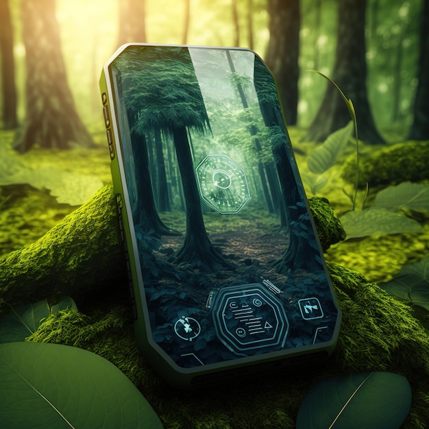 Un teléfono con la imagen de un bosque en él.