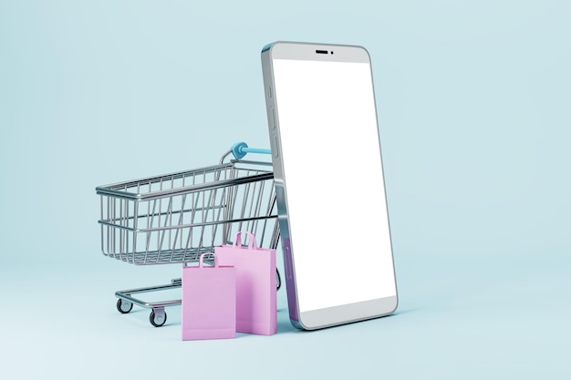 Teléfono inteligente blanco vacío con carrito y bolsas sobre fondo claro Compras en línea y concepto de compra Mock up 3D Rendering