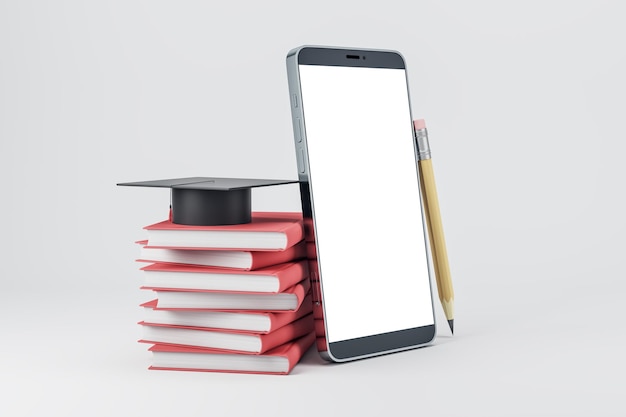 Teléfono inteligente blanco vacío con pila de libros y gorra de graduación sobre fondo claro Concepto de educación y capacitación en línea Mock up 3D Rendering