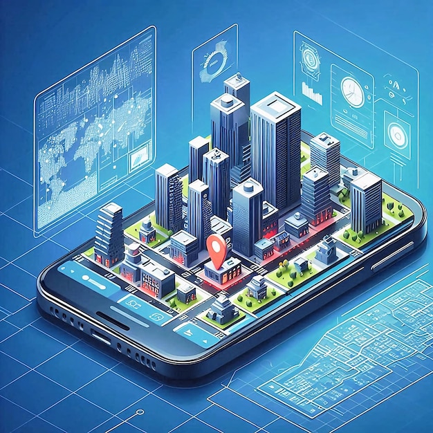 un teléfono inteligente con una ciudad en la pantalla y un mapa en la pantalla 3D isométrico