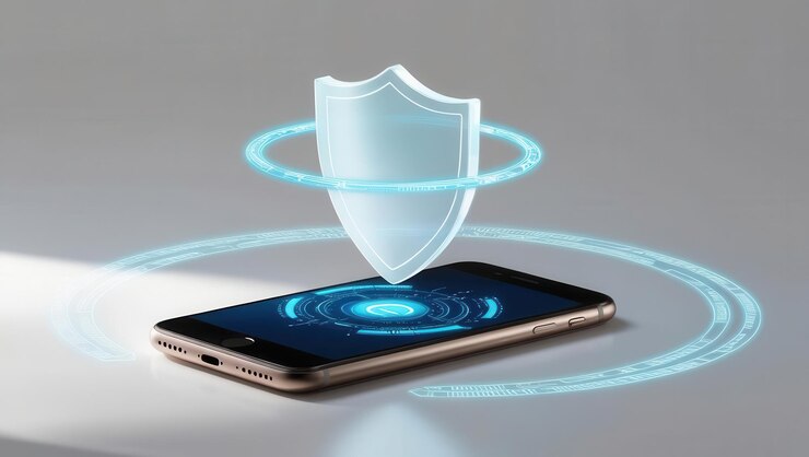 teléfono inteligente con un escudo brillante por encima que simboliza la seguridad y el cifrado de datos