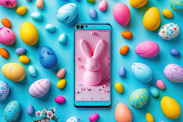 Foto un teléfono inteligente en un fondo sin fin con conejo de pascua y elementos de pascua