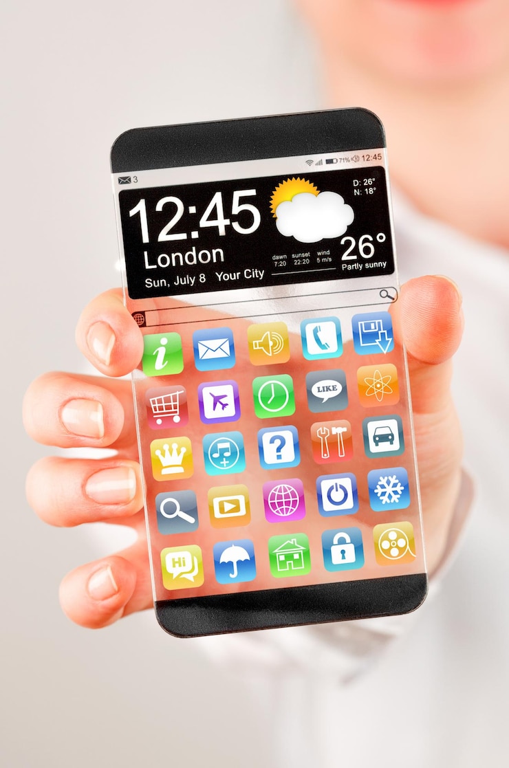 Foto teléfono inteligente futurista (phablet) con una pantalla transparente en manos humanas. concepto de futuro actual, ideas innovadoras y mejores tecnologías de la humanidad.