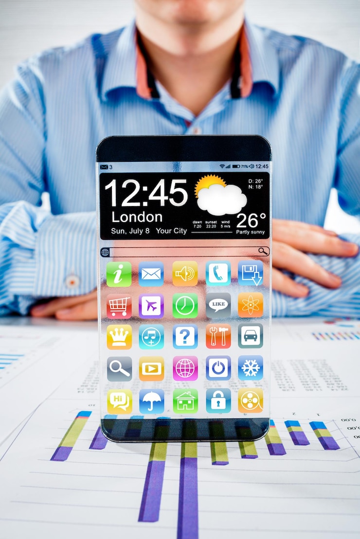 Foto teléfono inteligente futurista (phablet) con una pantalla transparente en manos humanas. concepto de futuro actual, ideas innovadoras y mejores tecnologías de la humanidad.
