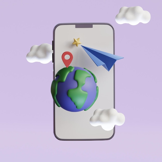 Teléfono inteligente con globo tierra papel plano mapa marcador nubes Concepto de diseño para reservar transporte viajando ilustración de renderización 3d