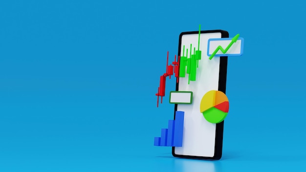 Teléfono inteligente con gráfico de negociación del mercado de valores, candelabro y gráfico comercial, inversión financiera, representación 3D