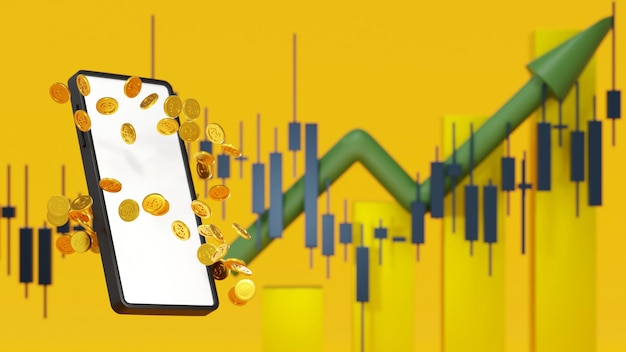 Teléfono inteligente con gráfico de negociación del mercado de valores y representación financiera en 3D de gráficos de negocios