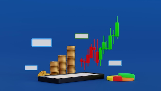 Teléfono inteligente con gráfico de negociación del mercado de valores y representación financiera en 3D de gráficos de negocios