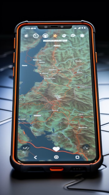 Foto el teléfono inteligente con herramienta de mapeo digital muestra el navegador gps en un mapa dinámico fondo de pantalla móvil vertical