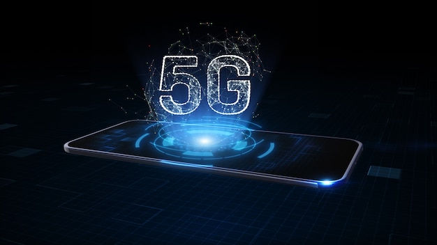 Teléfono inteligente con holograma de símbolo 5G, conexión de red en todo el mundo