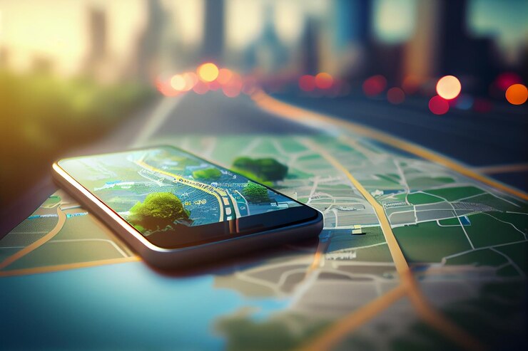 Teléfono inteligente con icono de navegación gps y mapgenerative ai