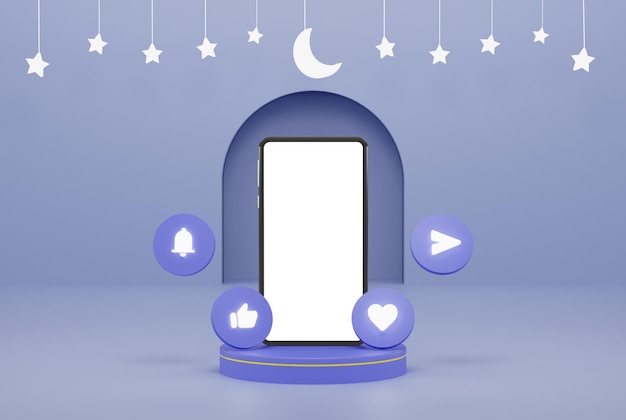Teléfono inteligente con ilustración 3d de icono de red social en podio en fondo islámico de adorno azul