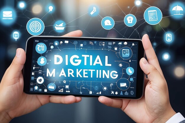 Con el teléfono inteligente en la mano con la Internet de las cosas, la palabra y el objeto, el concepto de marketing digital