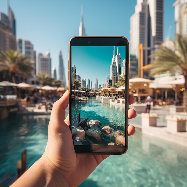 con el teléfono inteligente en la mano tomando una foto de Dubai