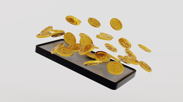 Teléfono inteligente con negocio en línea de gestión de monedas de oro rodeado con renderizado 3D de teléfono móvil