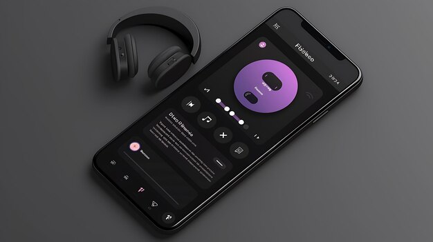 Foto un teléfono inteligente negro con una aplicación de reproductor de música en la pantalla y un par de auriculares negros el teléfono está tendido sobre una superficie gris sólida