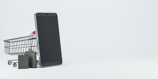 Teléfono inteligente negro en blanco con carrito y bolsas sobre fondo claro Compras en línea y concepto de compra Mock up 3D Rendering