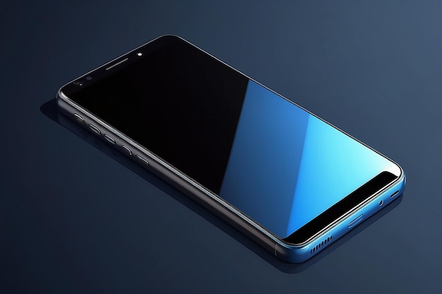 El teléfono inteligente negro moderno se encuentra en una superficie azul oscuro suave o en una mesa en perspectiva