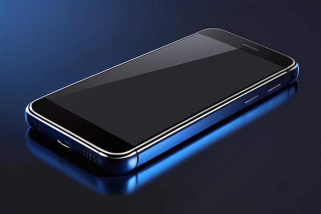 El teléfono inteligente negro moderno se encuentra en una superficie azul oscuro suave o en una mesa en perspectiva