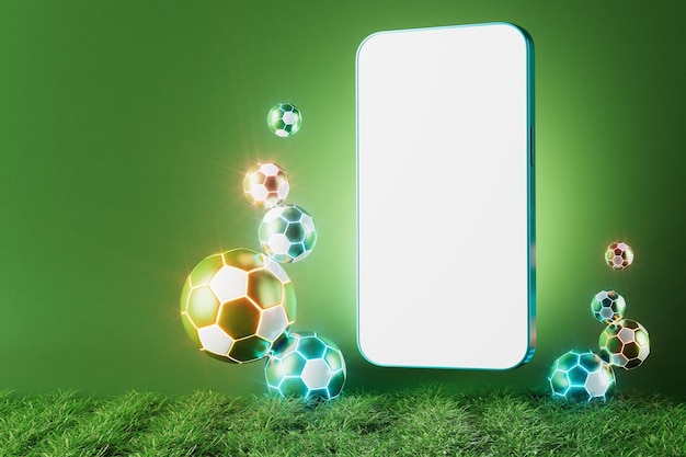 Teléfono inteligente con un objeto deportivo de pantalla blanca sobre fondo oscuro espacio de copia 3d programa en vivo ilustración 3d en línea aplicación de competencia deportiva en línea aplicación en vivo en línea transmisión de juego de fútbol