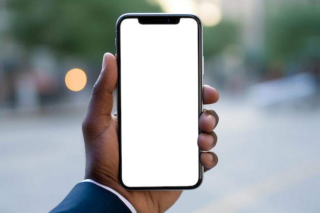 Foto teléfono inteligente de pantalla blanca en la mano generativa ai