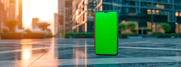Un teléfono inteligente con una pantalla verde de pie en una acera de la ciudad con el suave resplandor del amanecer o