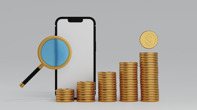 Teléfono inteligente con pila de monedas y concepto de análisis de negocios de lupa Representación 3D