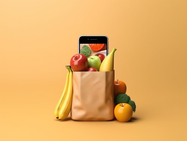 Teléfono inteligente con productos de comestibles Concepto de compras en línea
