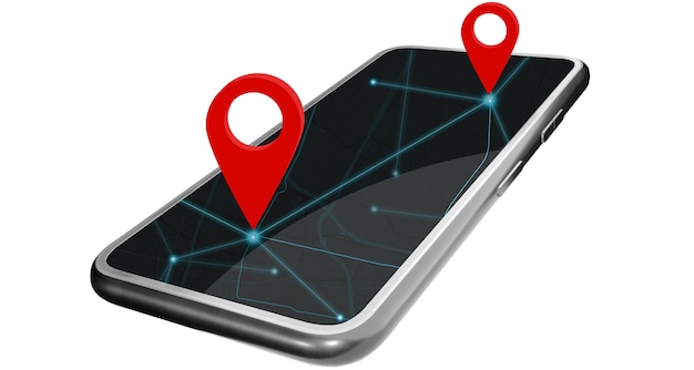 El teléfono inteligente proporciona las coordenadas en la aplicación de mapas. El pin rojo establece las coordenadas de navegación GPS. Con trazado de recorte