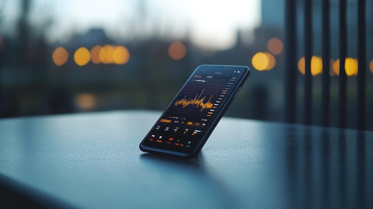 Foto un teléfono inteligente que muestra una forma de onda de audio colorida contra un fondo urbano borroso