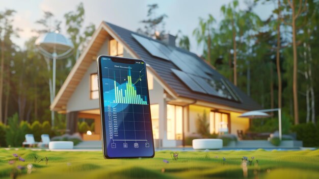 Un teléfono inteligente que muestra gráficos financieros en su pantalla con un fondo de una casa de paneles solares