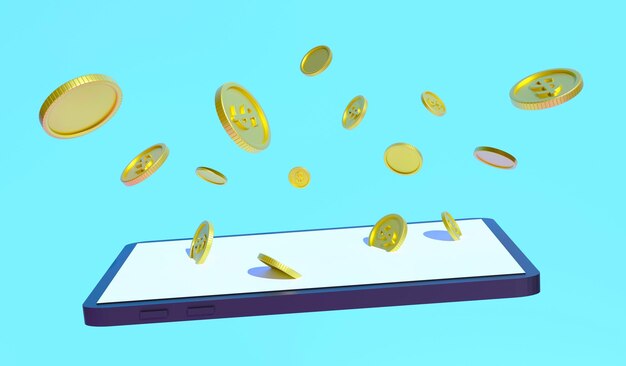 El teléfono inteligente de representación 3D puede hacer que la moneda de dinero despegue del concepto de teléfono inteligente teléfono ganar dinero concepto de comercio electrónico tienda de comercio de león para ganar dinero
