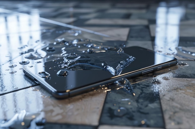 El teléfono inteligente se rompió en el piso de azulejos con agua derramada.