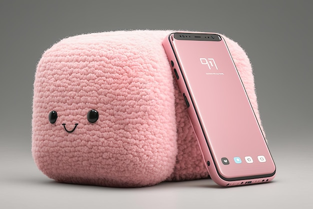 Foto teléfono inteligente rosa y lindo asistente de altavoz inteligente suave monitor de bebé de peluche y para