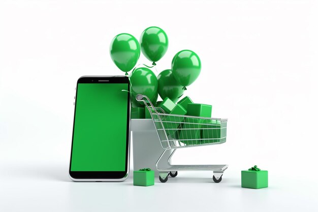 teléfono inteligente verde generado en 3D con carrito de compras en la pantalla con regalo con globo con espacio de copia